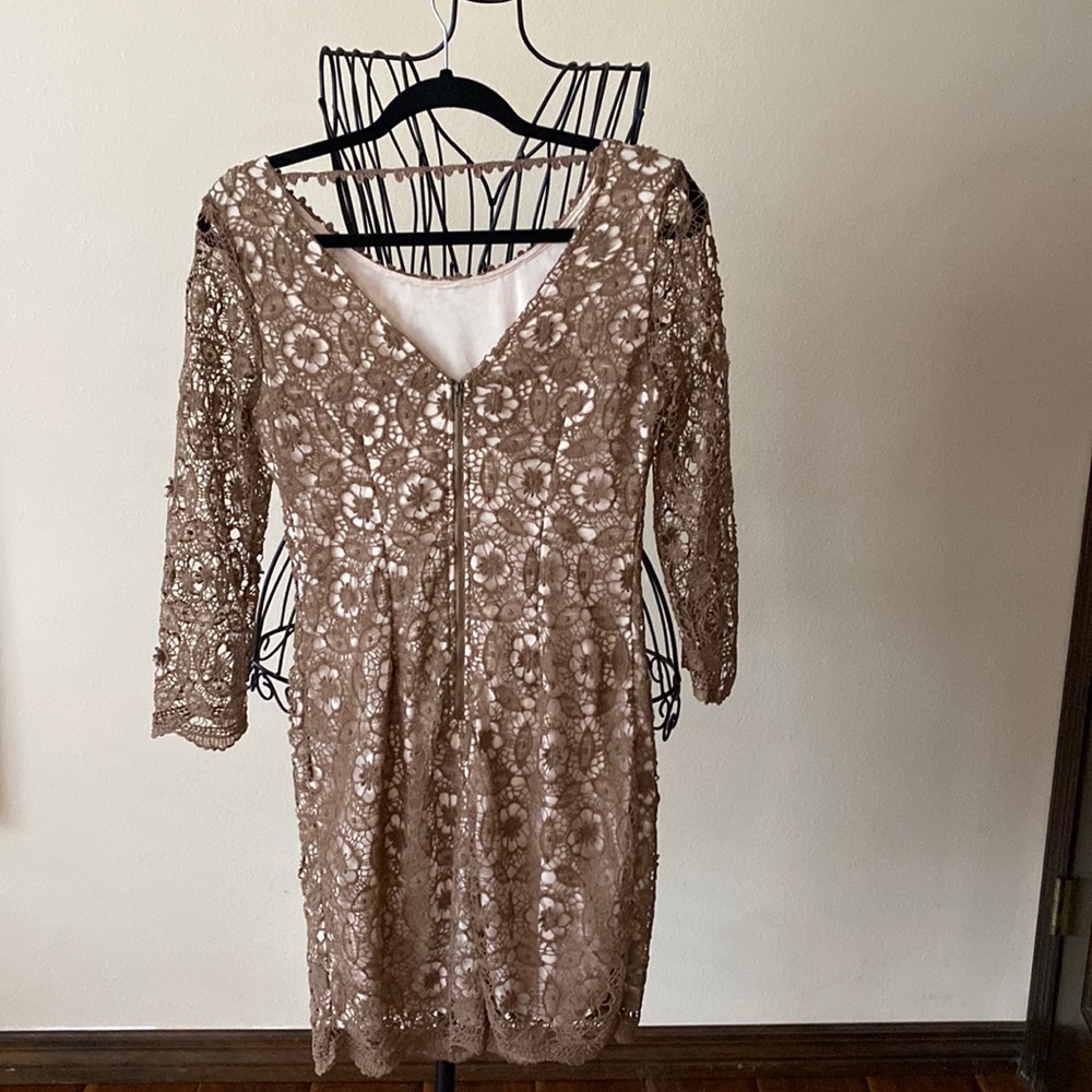 Stunning  tan lace overlay dress.